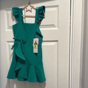 Rare Editions Green Asymmetrical Ruffled Sundress, size 8 kids